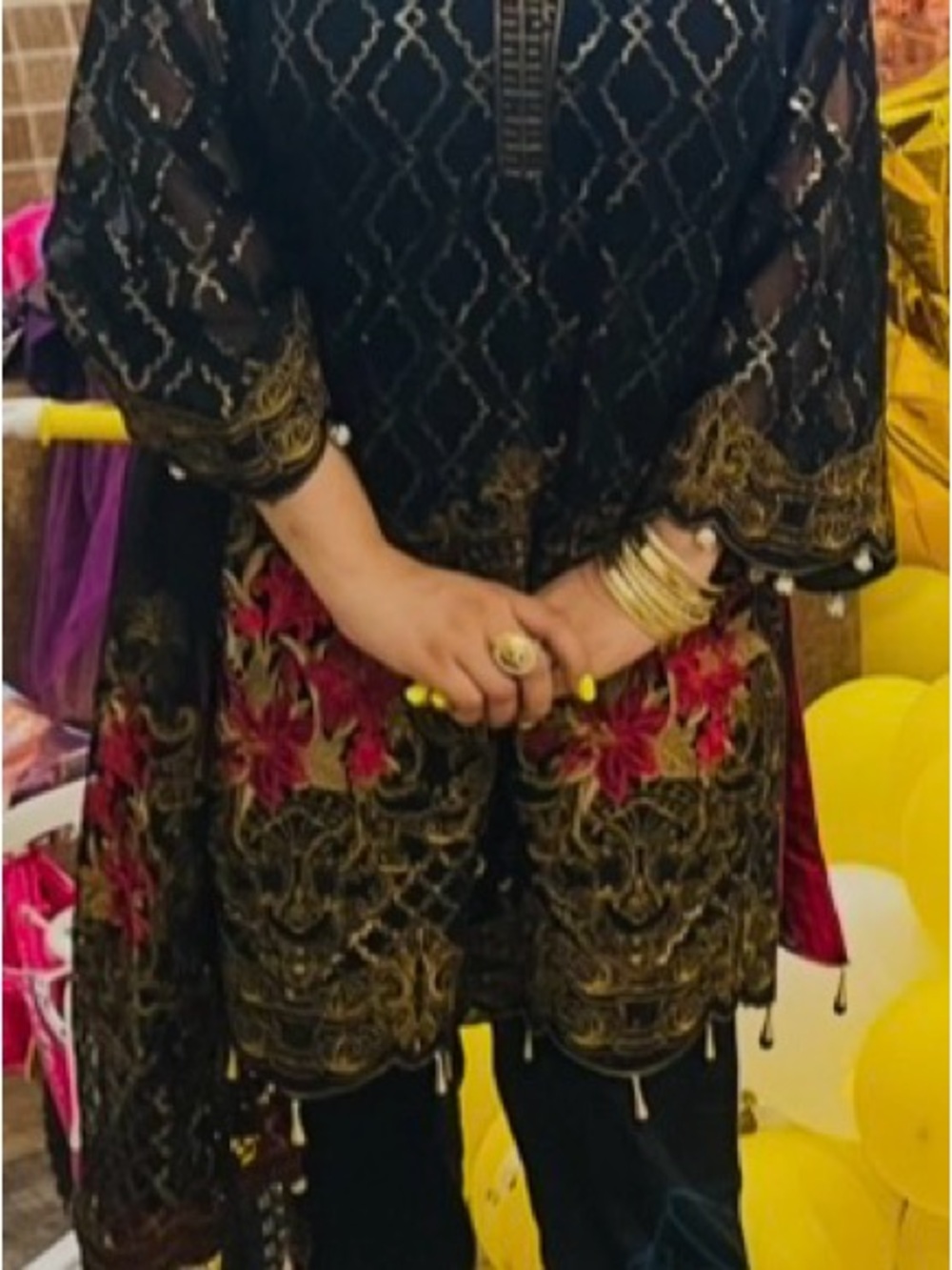 Black Dress with Pink Floral & Gold Embroidery - Elegant Wedding Tunic